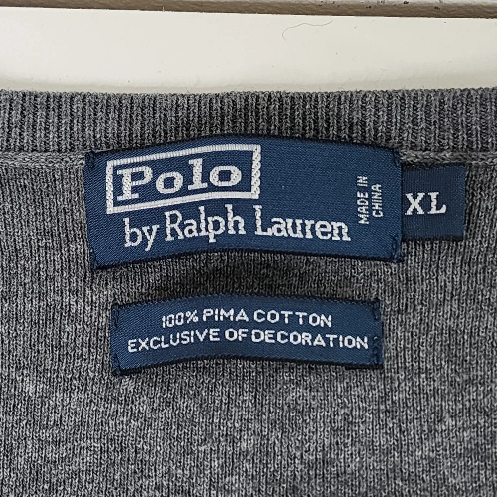Polo Ralph Lauren Sweater Mens XL Gray‎ V-Neck Pullover Pima Cotton